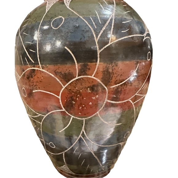 Vintage Nicaragua Carved/Etched Folk Art Pottery Clay Vase Tropical Hummingbird - Picture 10 of 12